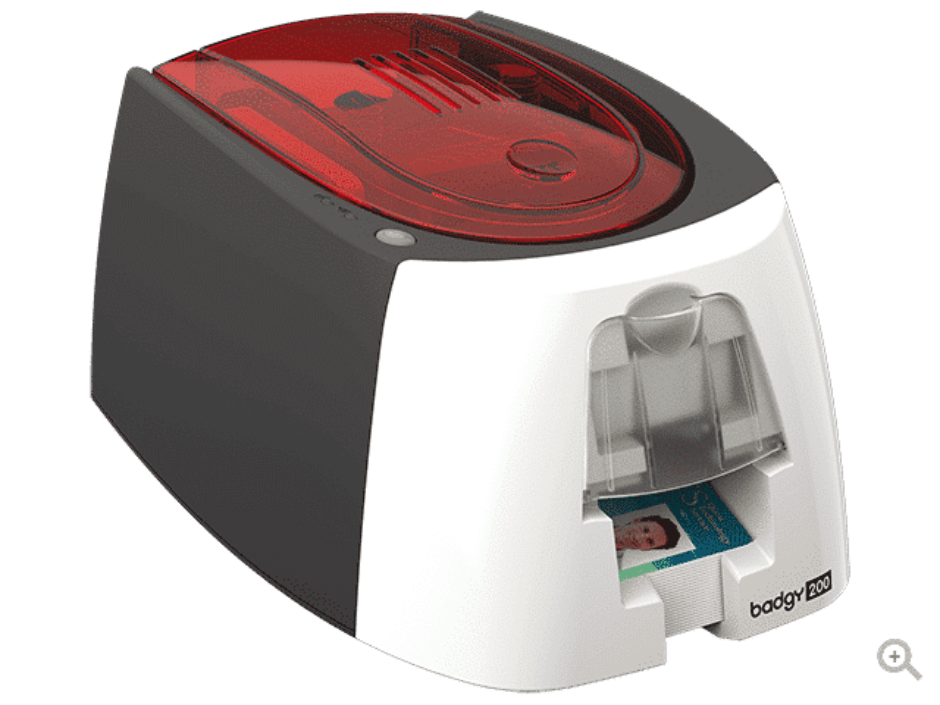 Evolis Badgy200 – ujęcie 3/4 z przezroczystą czerwoną pokrywą