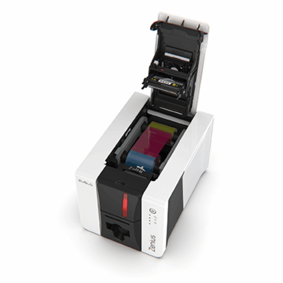 Evolis Zenius 2 – komora taśmy otwarta (widoczny ribbon)